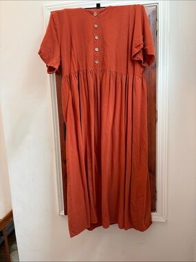 Rust Short-Sleeve Midi Dress with Button Placket